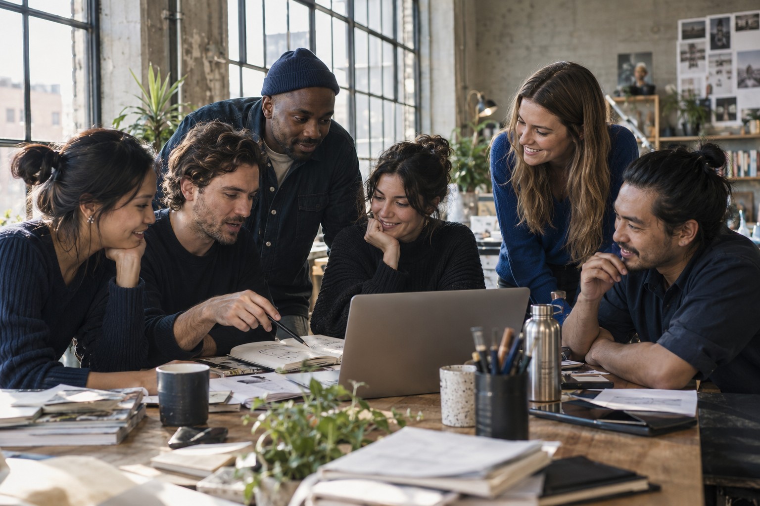 A small startup team collaborating around a studio table